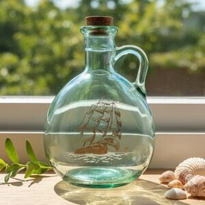 MCM Vintage Old Fitzgerald Green Glass Flagship Decanter Bottle Tall Ship Design